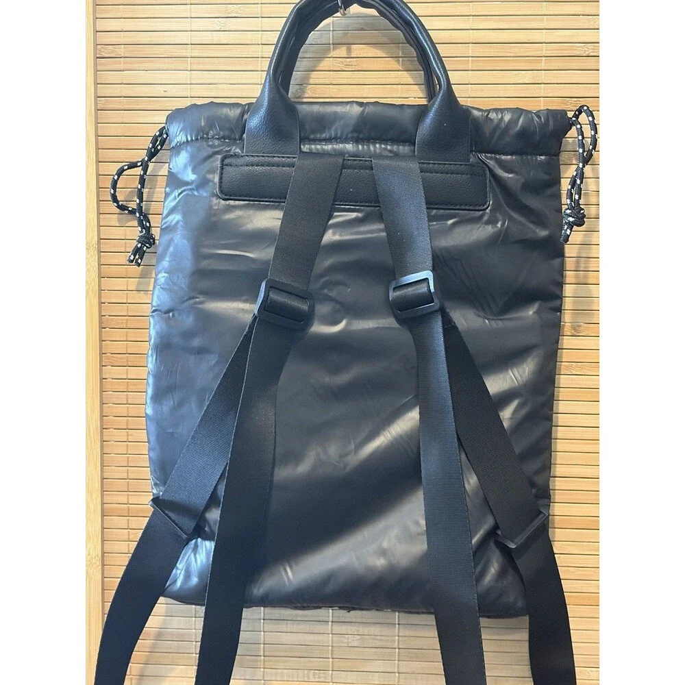 Black Drawstring Backpack Zip Front Pocket, Top Handle, Adjustable Straps